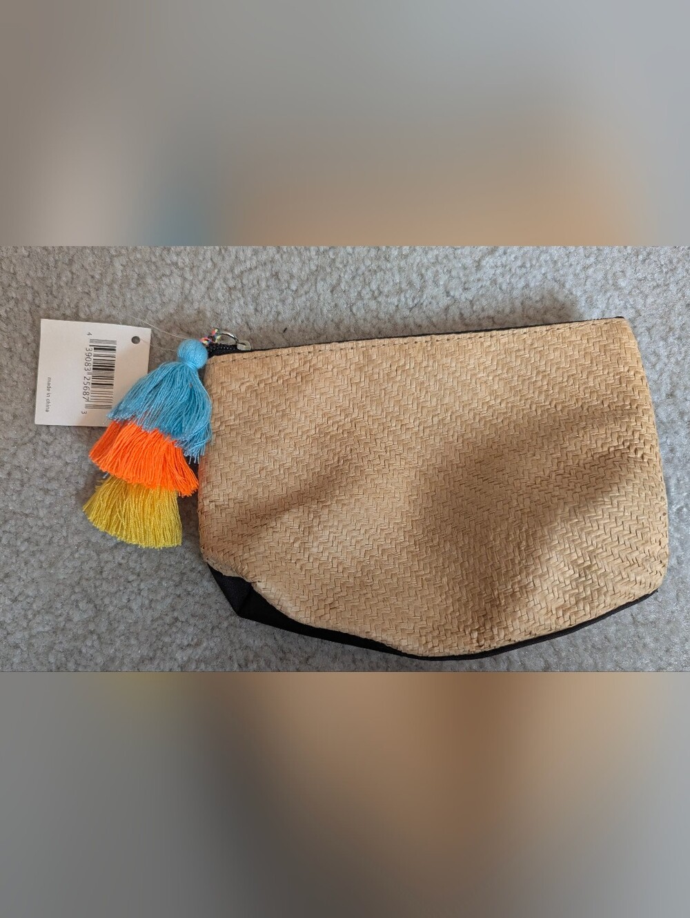 NEW J.Jill Woven Jute Clutch featuring a multi-colored tassel charm and a zipper